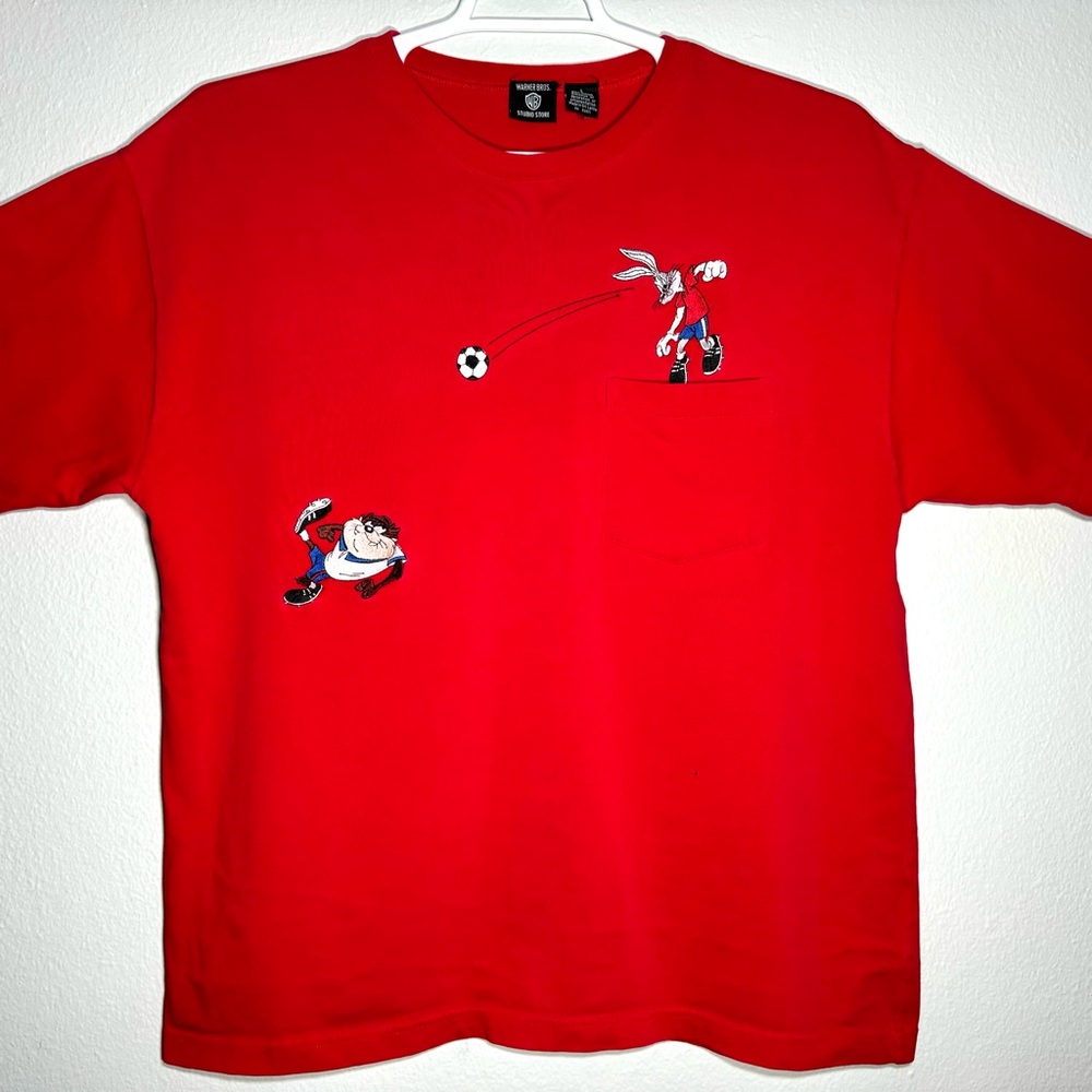Vintage Warner Bros Studio Store Looney Tunes Bugs Bunny Taz Soccer Shirt Large